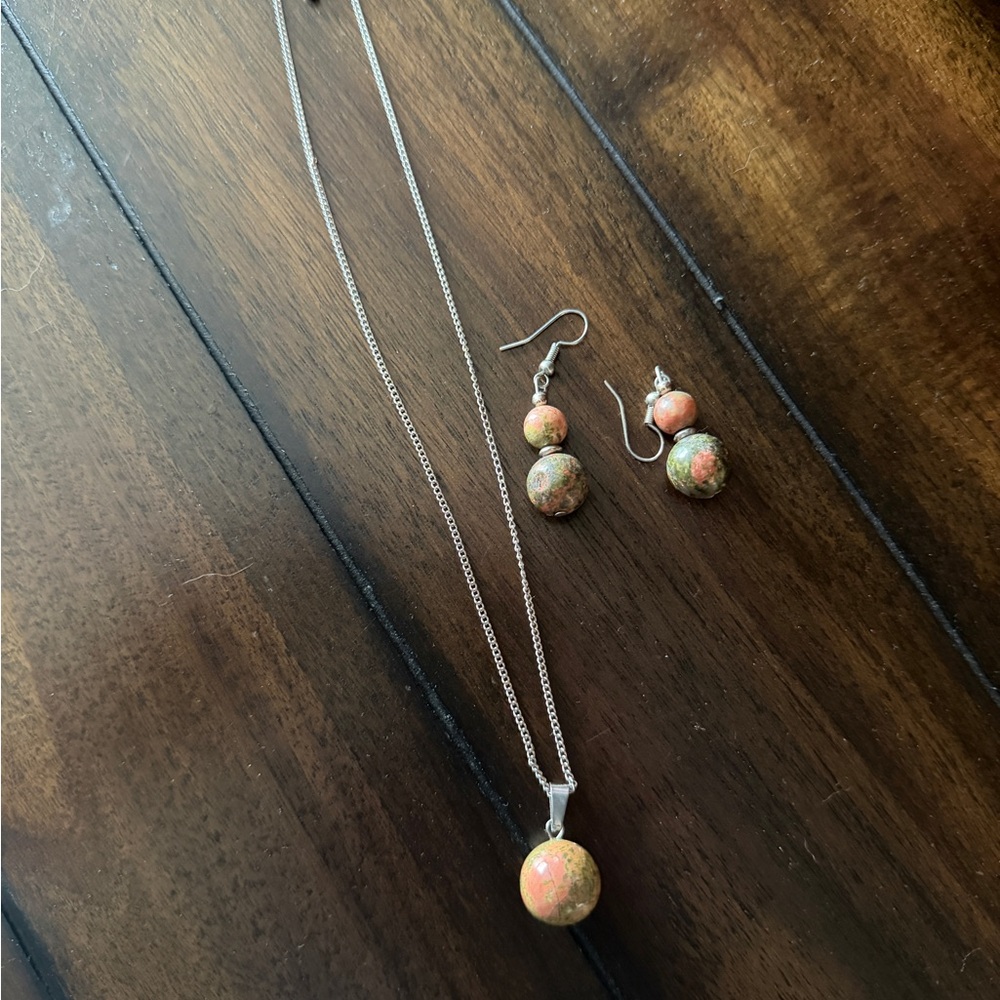 Sterling Silver & Genuine Unakite Stone Jewelry Set